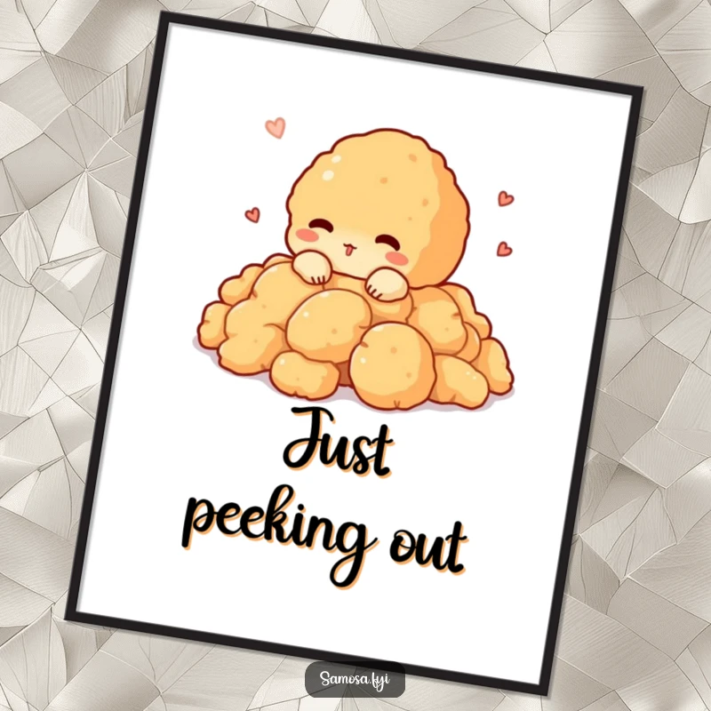 Funny poster art of a shy pakora character peeking out from a pile of crispy batter, capturing innocent curiosity.