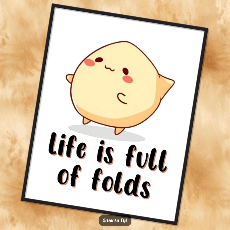 Funny Samosa Poster illustrating a samosa character comically tripping over its own folded edges, creating a humorous visual narrative.