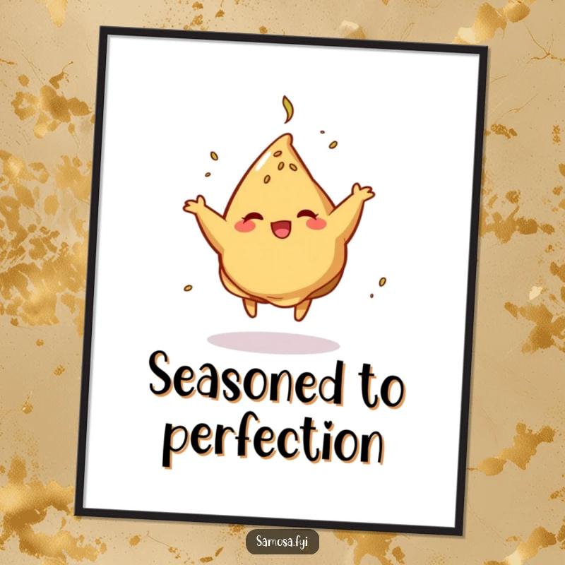 Funny Poster of a samosa performing a lively dance with a cumin sprinkle, a humorous and decorative wall art.