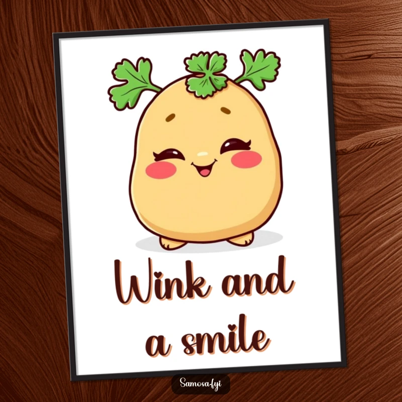 Funny poster showcasing a mischievous samosa winking with a parsley hat, adding a playful touch to any room.