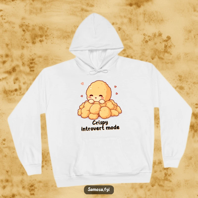 Funny hoodie graphic of a shy pakora character peeking out from a pile of crispy batter, radiating cozy charm.