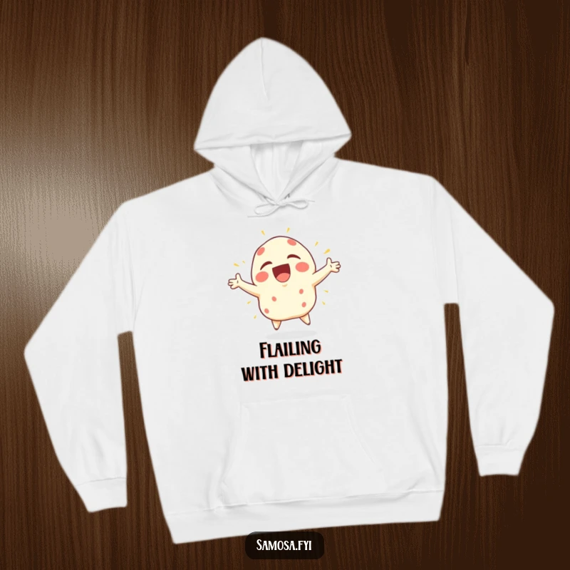Funny Samosa Hoodie featuring a samosa character in a state of pure joy, arms flailing wildly in an energetic display of happiness.