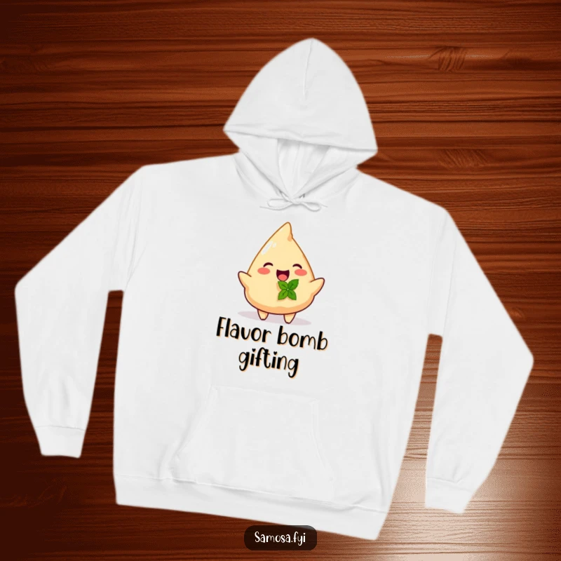 Funny hoodie showing a joyful samosa offering a tiny mint leaf, perfect for cozying up.