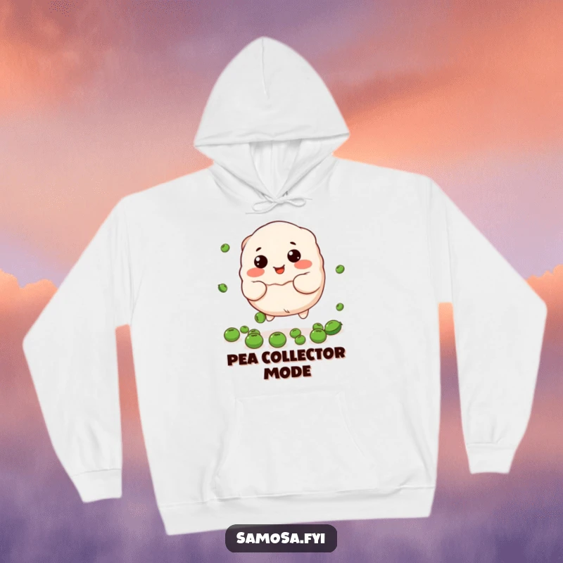 Funny dumpling hoodie graphic of the stuffed character trying to catch peas, comfortable and humorous.