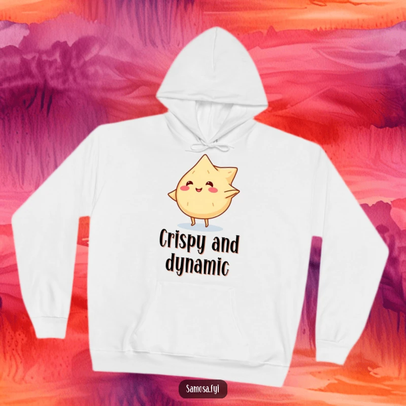 Funny hoodie graphic of a smiling samosa character with tiny legs doing a cartwheel, radiating snack-tastic energy.
