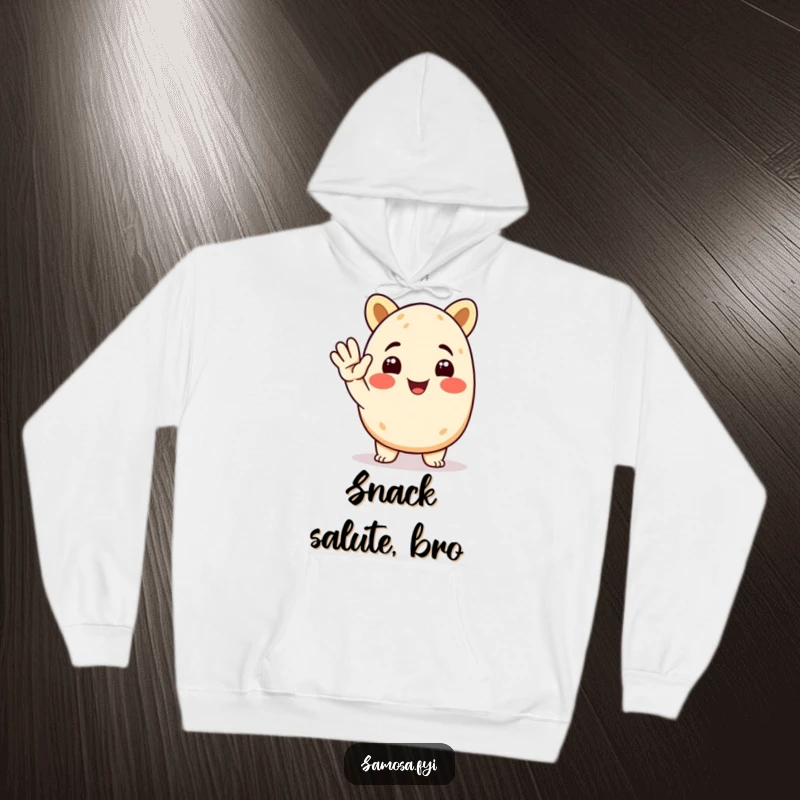 Funny Samosa Hoodie featuring a cheerful animated samosa character giving a salute, perfect for cozying up with a humorous design.