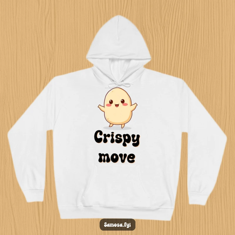 Funny Hoodie featuring a cheerful samosa with tiny sesame seed eyes, humorously doing a joyful jig, ideal for cozy, happy wear.