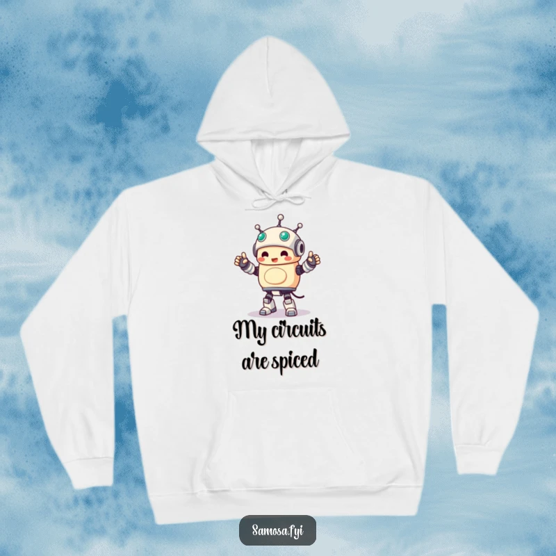 Funny Hoodie with a samosa character doing a stiff, joyful robot dance, ideal for fans of quirky snacks.
