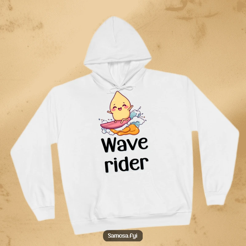 A cheerful, giggling samosa character surfs a sweet chutney wave on a cozy hoodie, offering warmth and a dose of funny.