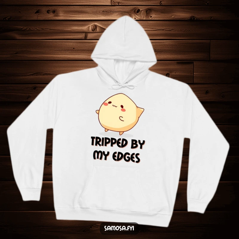 Funny Samosa Hoodie featuring a samosa character comically tripping over its folded edges, offering cozy comfort and laughter.