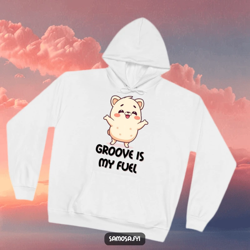 Funny samosa hoodie featuring a samosa character doing a silly wiggle dance, perfect for staying warm and jovial, a cozy gift.