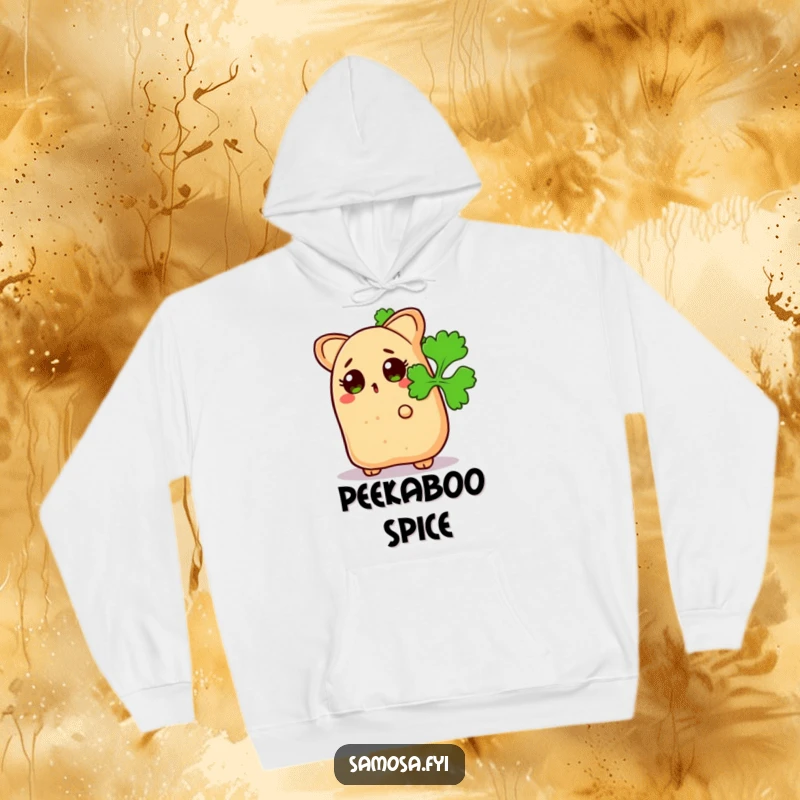 Funny Surprised Samosa Hoodie: Warm apparel featuring a snack peeking from behind a coriander leaf, radiating playful curiosity.