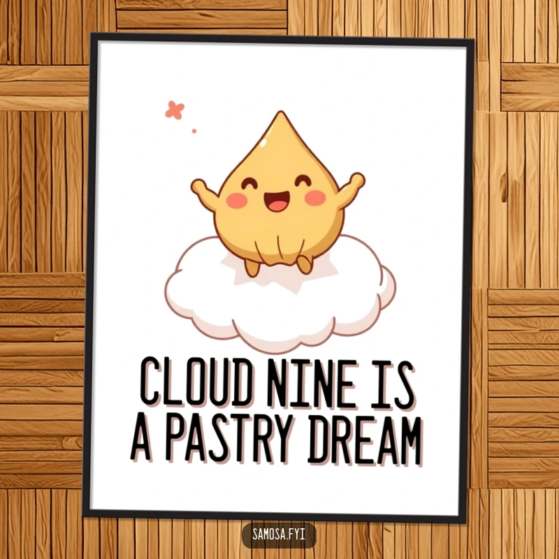 Funny Free Printable wall art showing a delighted samosa bouncing playfully on a soft puff pastry cloud, floating happily.