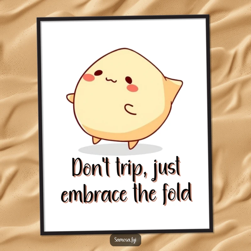 Funny Free Printable Wall Art depicting a samosa character in a comical heap, hilariously tripping over its own folded edges.