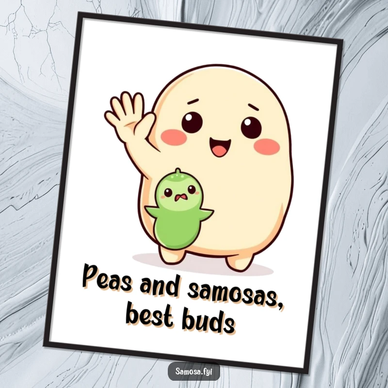 Funny Free Printable wall art featuring a samosa waving enthusiastically to greet a tiny little pea, creating a charming scene.