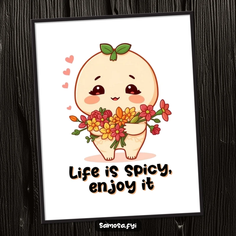 Funny Free Printable Wall Art: A blushing samosa character holds a bouquet of spice flowers, adding a unique touch.
