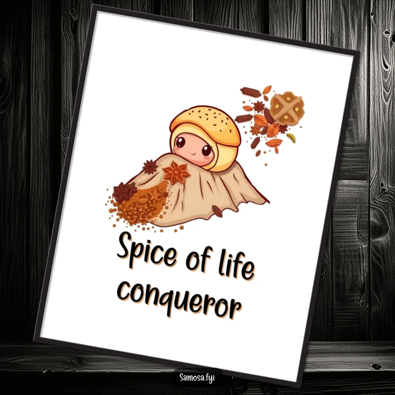 Funny Free Printable Wall Art: Brave pastry with peeking filling climbing a mountain of spices, humorous downloadable art.