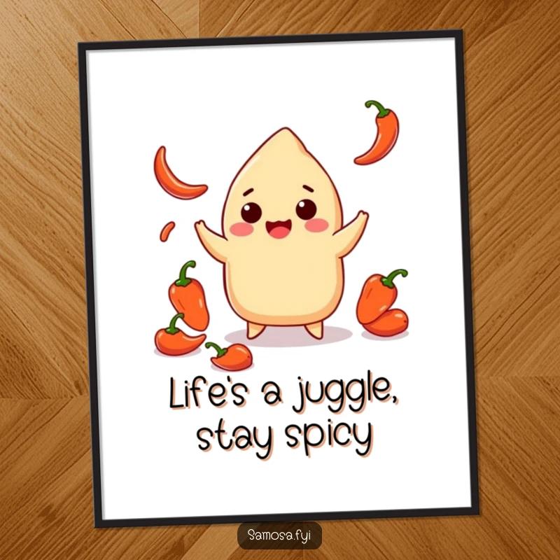 Funny Free Printable Wall Art: Smiling samosa juggling tiny chili peppers with playful skill. Vibrant downloadable decor.