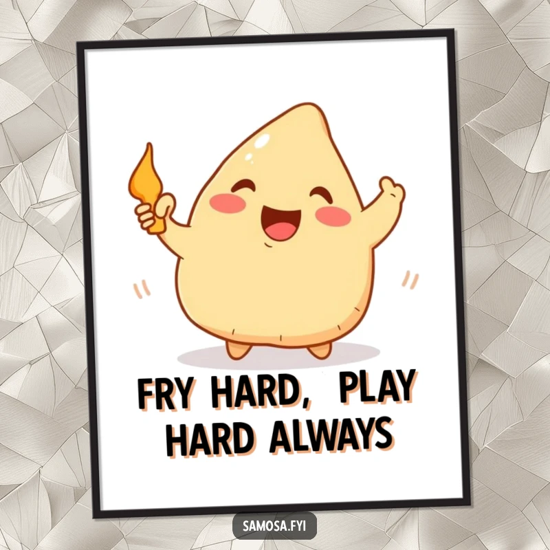 Funny Free Printable Wall Art: A happy samosa enthusiastically waving a small frying pan. Hilarious downloadable kitchen art.