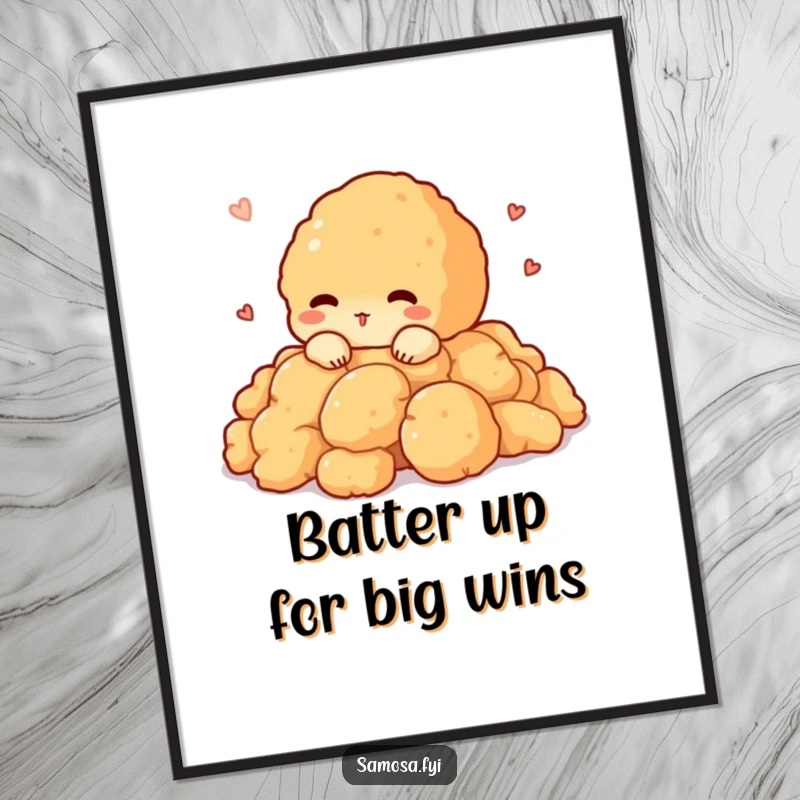 Funny Free Printable Pakora Wall Art: A shy pakora character peeks out from crispy batter, looking adorable and funny.