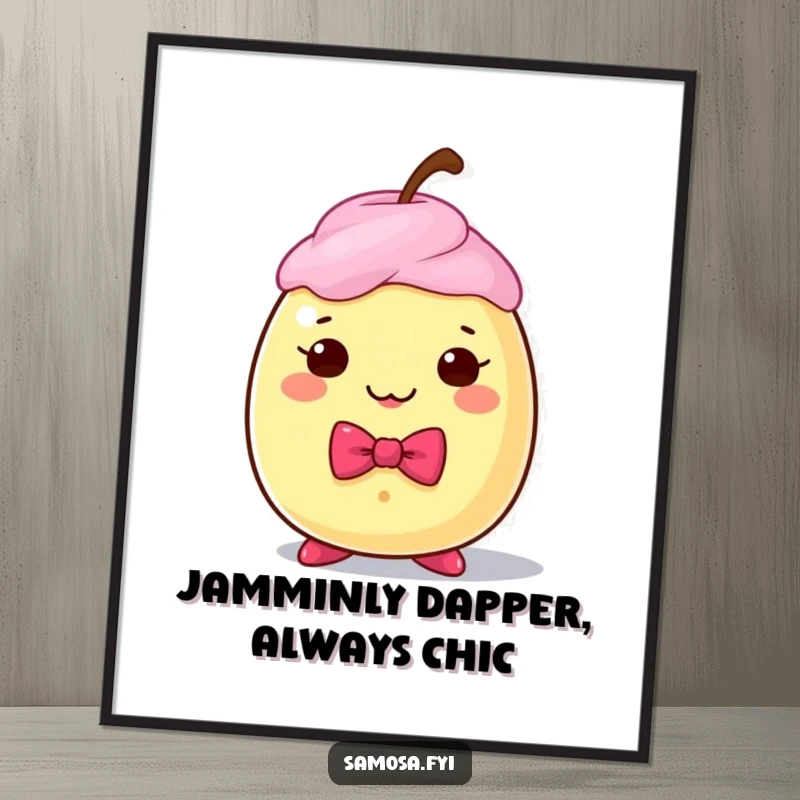Whimsical Free Printable Wall Art of a distinguished Gulab Jamun character wearing a tiny bow tie, adding sweet charm.