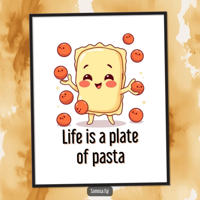 Funny Free Printable Wall Art: A playful ravioli character expertly juggling a pile of tiny meatballs, charming kitchen art.