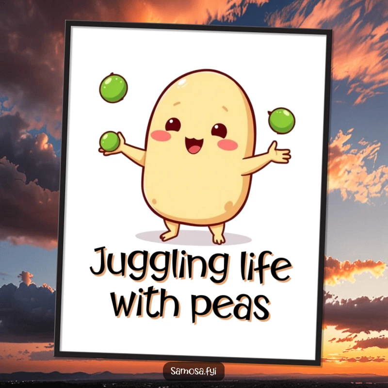 Funny free printable wall art: A happy samosa character juggles three tiny peas, creating a whimsical and amusing display.