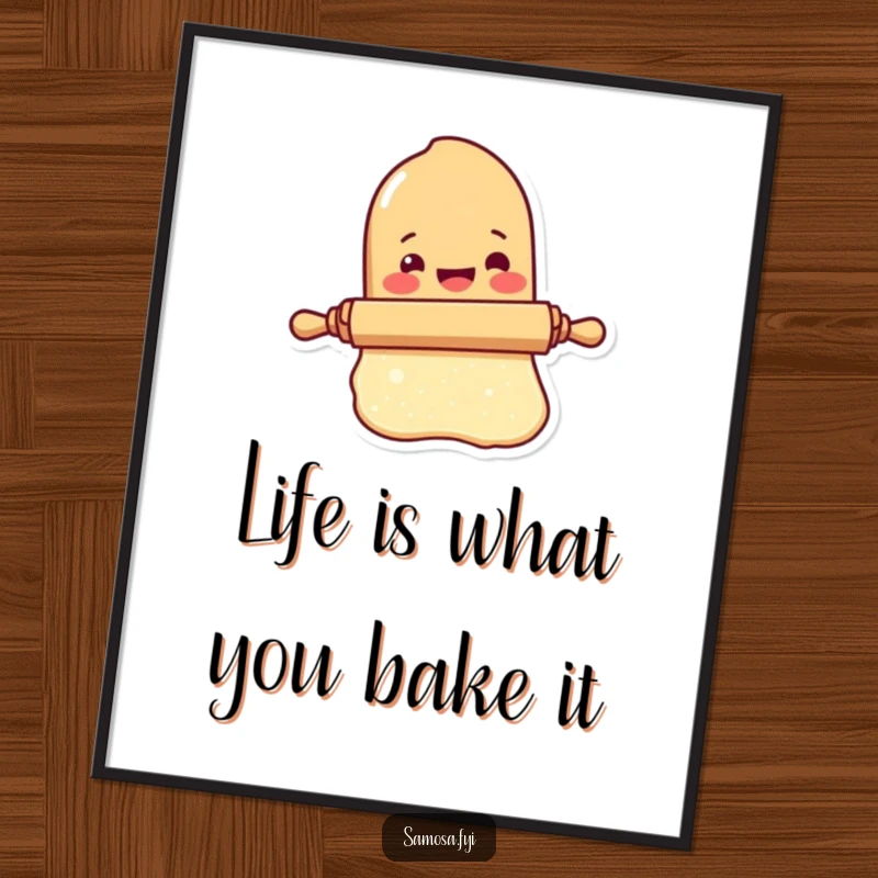 Funny Free Printable Wall Art of a happy rolling pin character diligently rolling out a tiny sheet of dough.