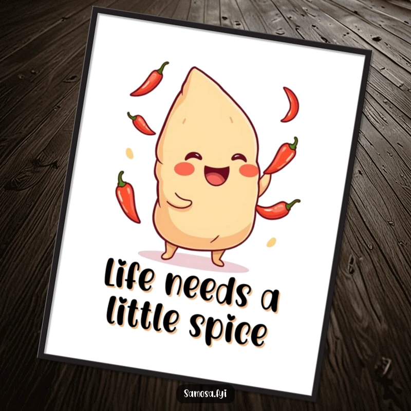 Funny Free Printable Wall Art: A giggling samosa expertly juggling miniature red chili peppers. Hilarious downloadable kitchen art.