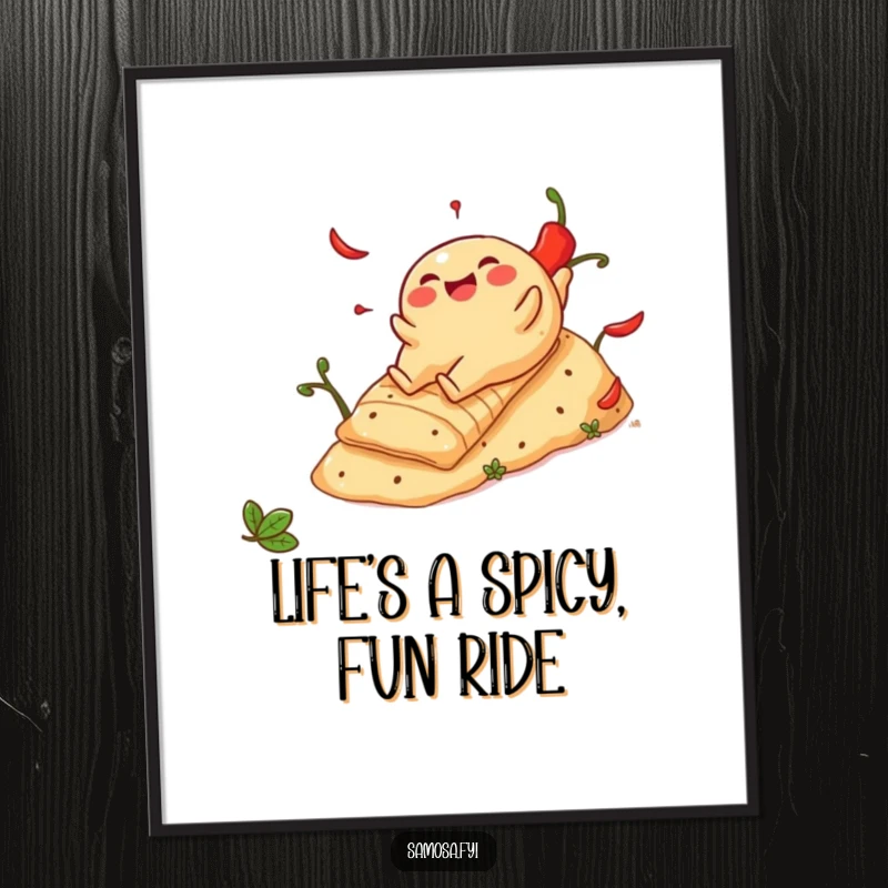 Funny free printable wall art: a cheerful samosa has a thrilling ride down a red chili pepper hill.