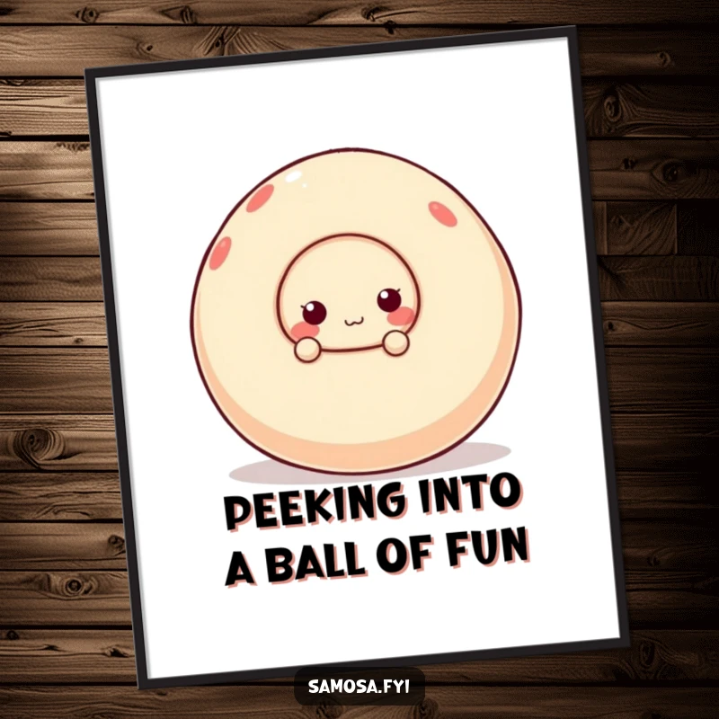 Funny free printable wall art: A cheerful samosa character peeks from behind a massive, unstable ball, creating a humorous scene.