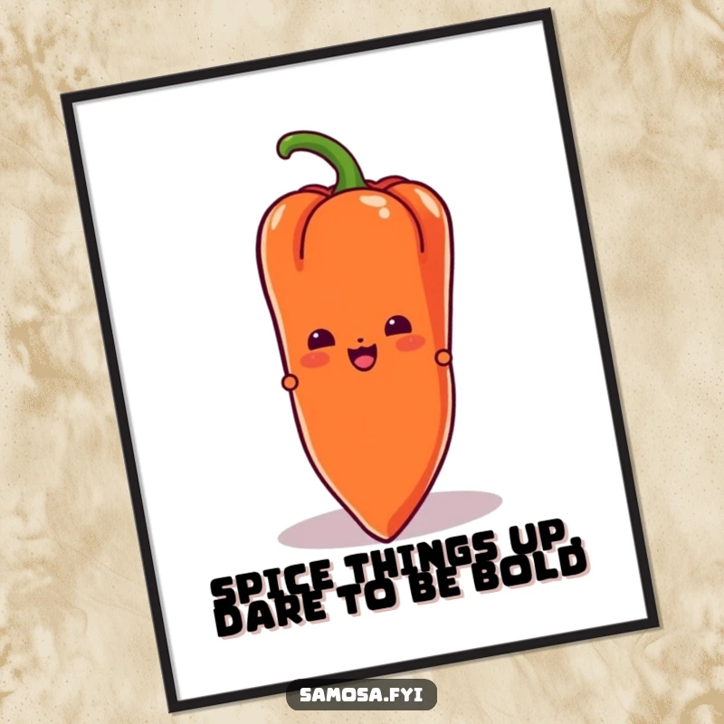 Funny Free Printable Wall Art featuring a cheeky samosa character peeking from behind a giant, vibrant chili pepper, full of playful mystery.