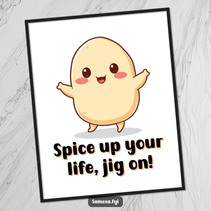 Funny Free Printable Wall Art: A cheerful samosa character with sesame seed eyes captured mid-jig in a joyful dance.