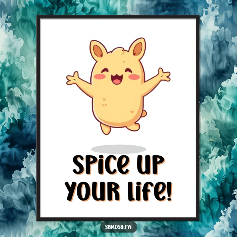 Funny Free Printable Wall Art: A happy samosa does an excited hop with its arms outstretched, radiating pure delight.