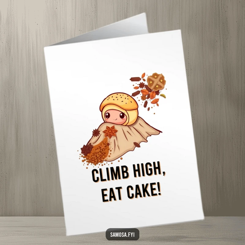 Funny Free Printable Birthday Card: Pastry with peeking filling bravely climbs spice mountain, perfect DIY gift.