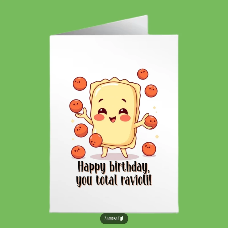 Free Printable Birthday Card: Playful Ravioli Juggles Meatballs, Funny Downloadable Gift