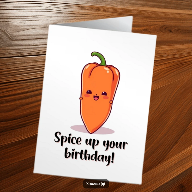 Funny Free Printable Birthday Card featuring a mischievous samosa character peeking shyly from behind a giant, bright red chili pepper.