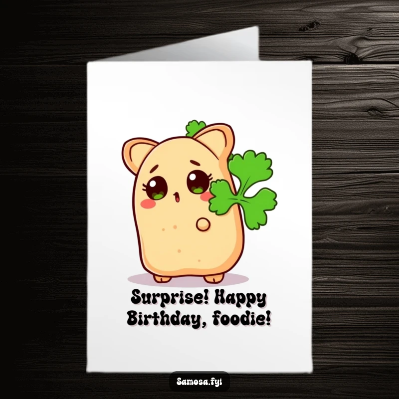 Funny free printable birthday card: a wide-eyed samosa cautiously peeks out from behind a large, green coriander leaf.