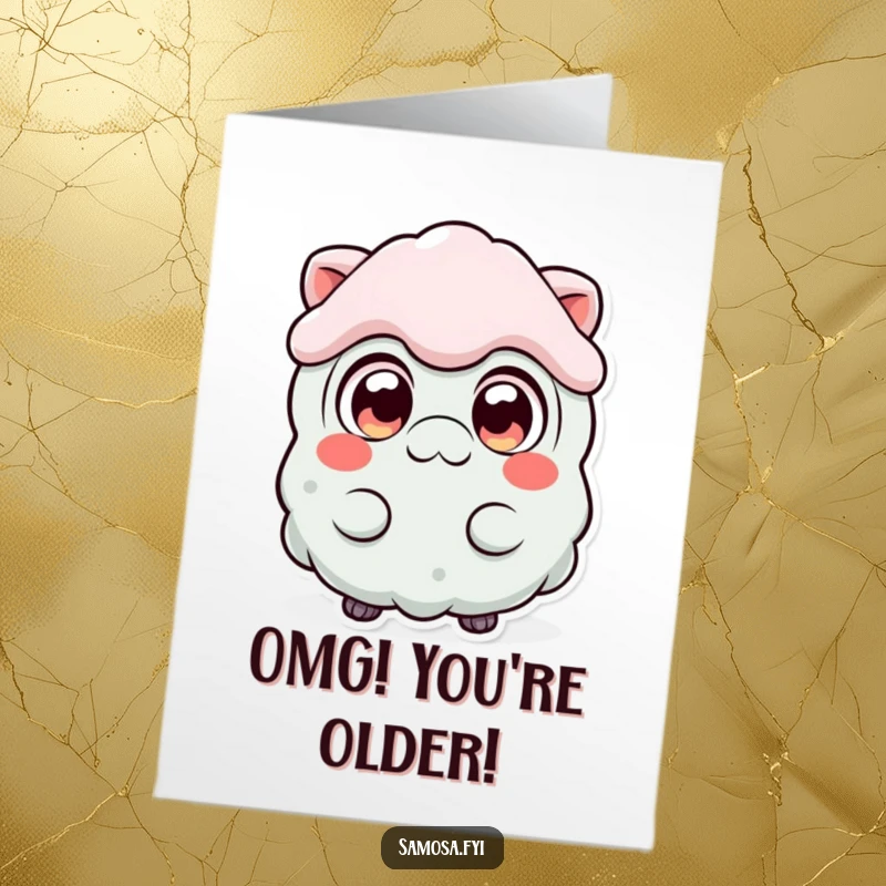 Funny Free Printable Birthday Card: A samosa character with wide, expressive eyes showing comical surprise and shock.
