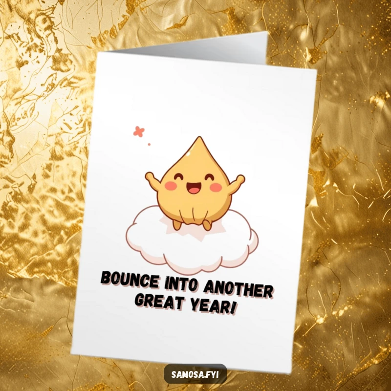 Funny Free Printable birthday card showing a delighted samosa joyfully bouncing high on a fluffy puff pastry cloud.