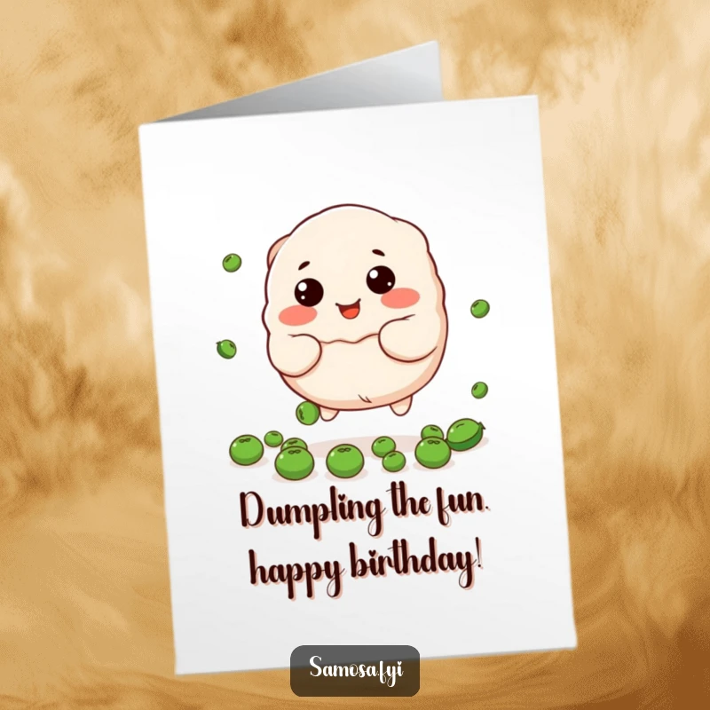 Funny Free Printable Birthday Card: A smiling stuffed dumpling character comically tries to catch falling peas.