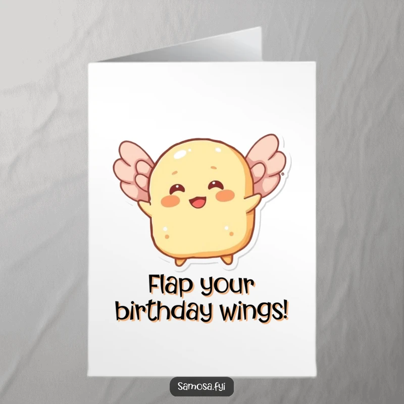 Funny Free Printable Roti Birthday Card: A cheerful roti character attempts to fly with flaky layers as wings.