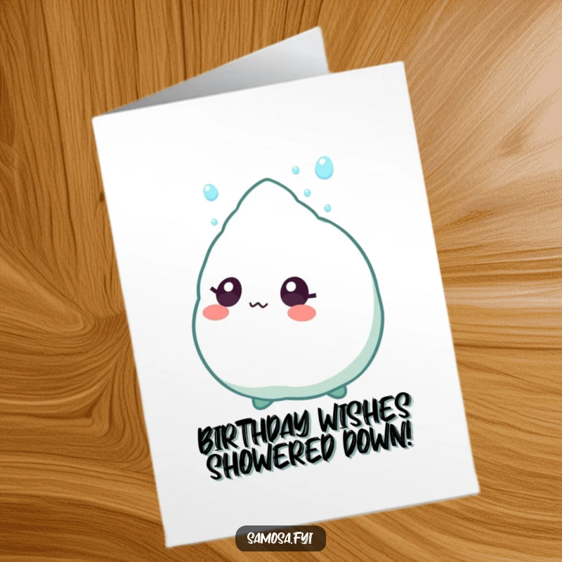 Funny Free Printable Samosa Card: Samosa character with wide eyes looking up in awe at a falling sprinkle.