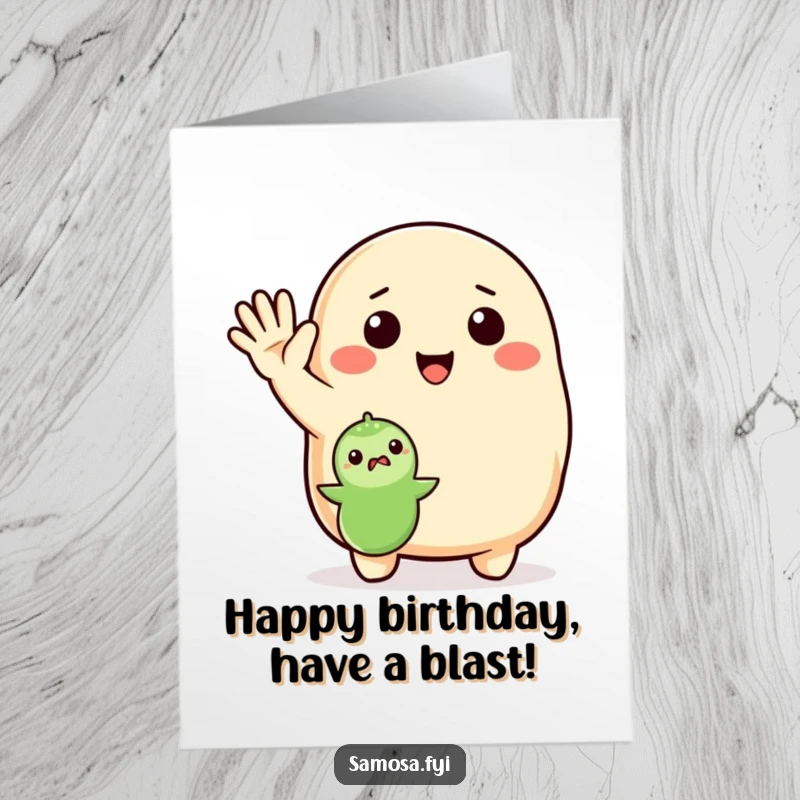 Funny Free Printable birthday card featuring a samosa waving enthusiastically to greet a very tiny pea, full of joy.