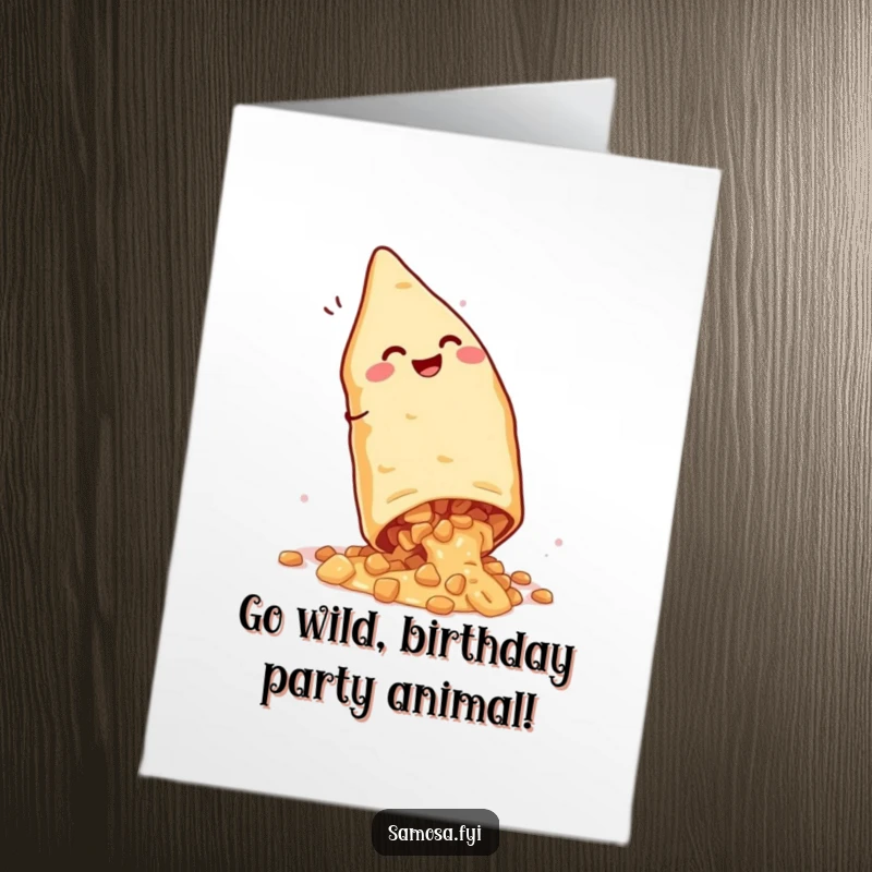 Funny free printable birthday card: a delighted samosa performs a messy cartwheel with its delicious filling tumbling out.