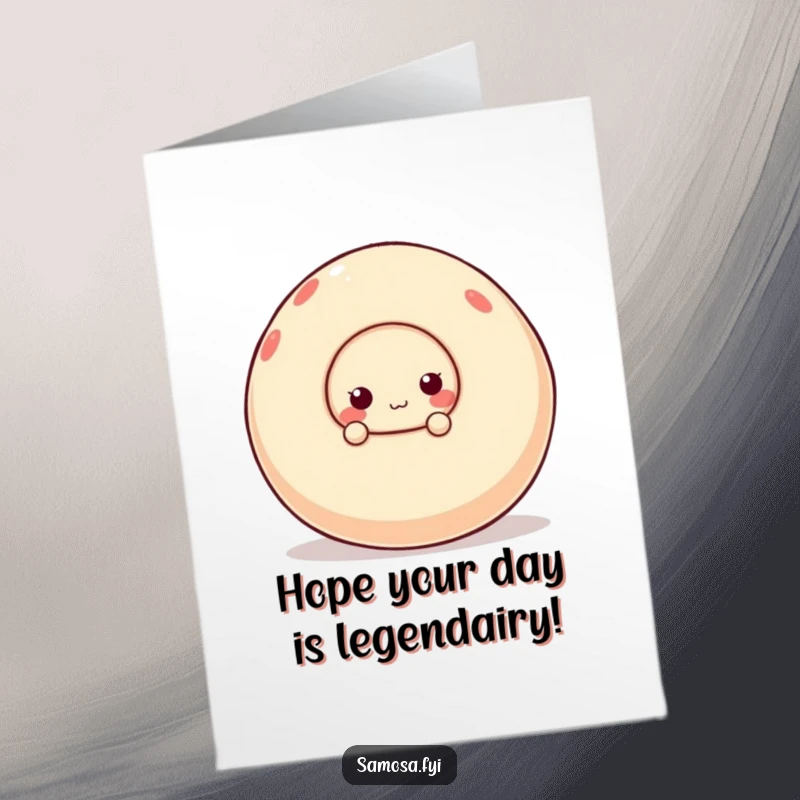 Funny free printable birthday card: A mischievous samosa character peeks from behind a huge, wobbly ball, ready to surprise.