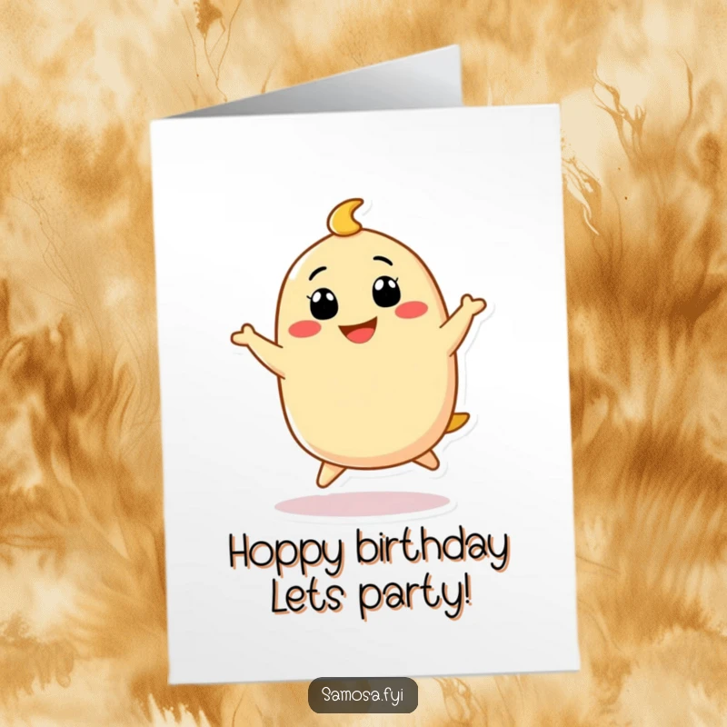 Funny Free Printable Birthday Card: Samosa character doing a funny little hop with a big grin, radiating pure joy and celebratory spirit.