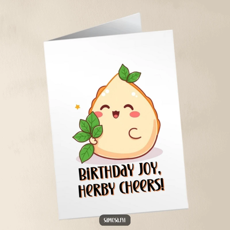 Funny Free Printable Birthday Card: A joyful samosa offers a tiny mint leaf, presenting a unique birthday gift.