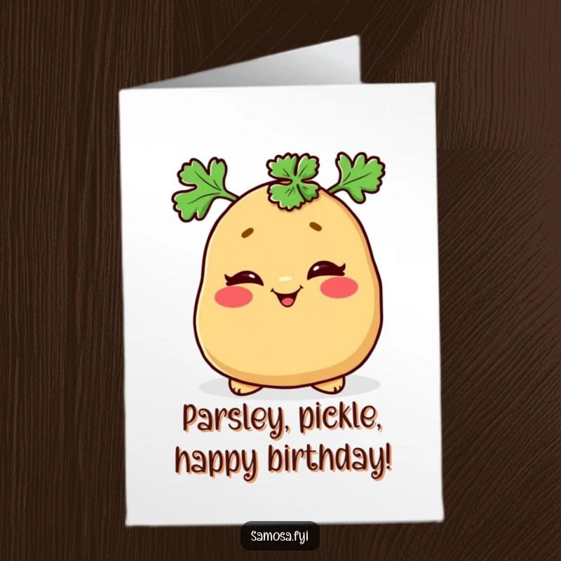 Funny Free Printable Birthday Card: Mischievous samosa winks in a parsley hat, for a playfully wicked birthday.