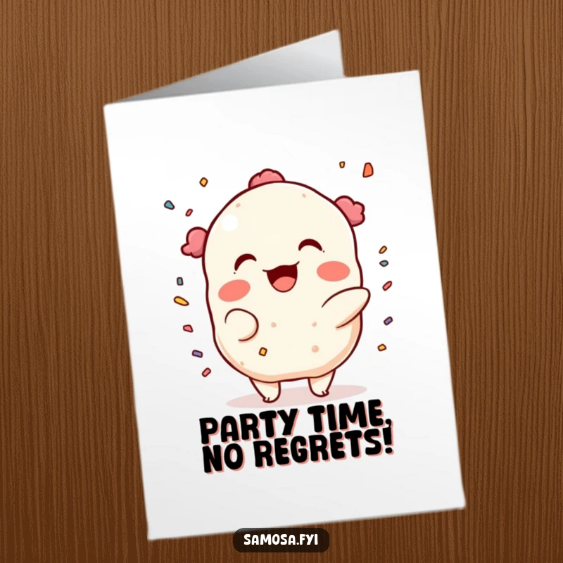 Funny Free Printable Birthday Card: A samosa character throwing confetti with a mischievous grin, celebrating a fun birthday.